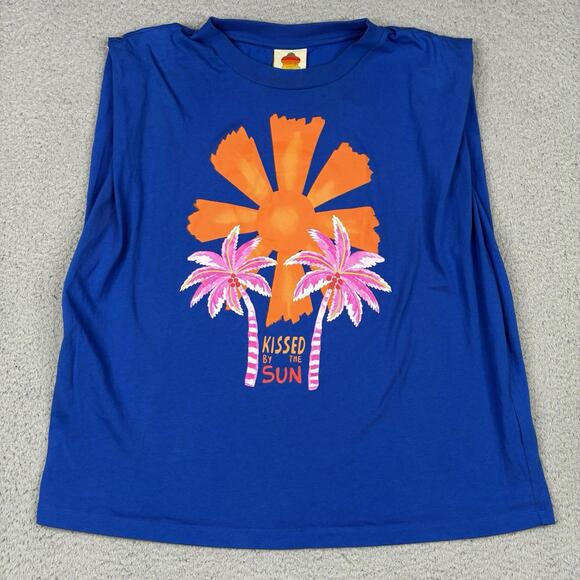 Farm Rio Kissed By The Sun T-Shirt Woman’s XL Blue Organic Cotton Sleeveless - Picture 1 of 12